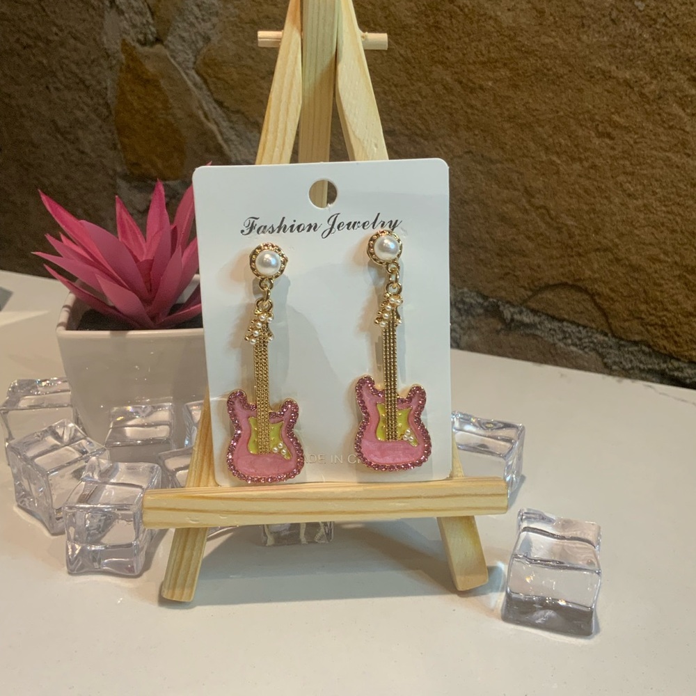 Gold Pearl Pink Enamel Rhinestone Guitar Earrings